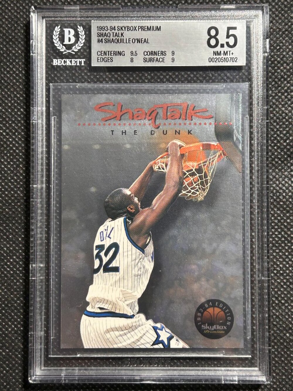 1993 SKYBOX PREMIUM SHAQ TALK THE DUNK #4 SHAQUILLE O'NEAL BGS 8.5 NM-MINT+